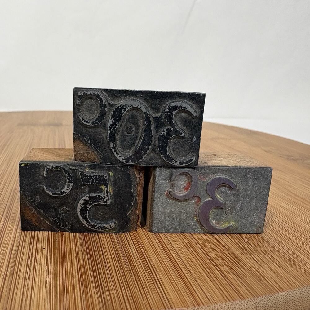 3 Vintage Printers Block Number Stamps Prices 3 5 30 cents Metal Wood Retro